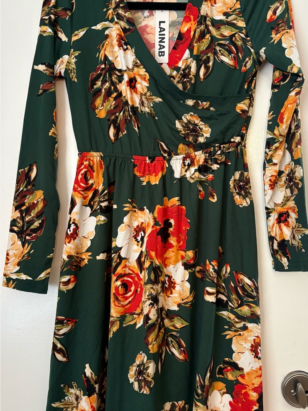 Green Floral Midi Dress with Red and Cream Blooms